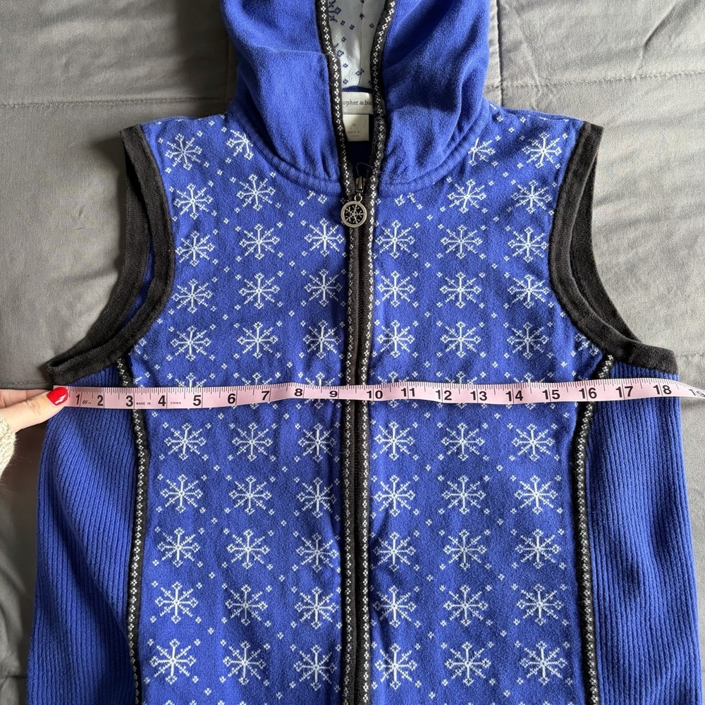 VTG Medium 90s Blue Hooded Snowflake Sweater Vest Zipper Cottage Nordic Scandi - Picture 8 of 10